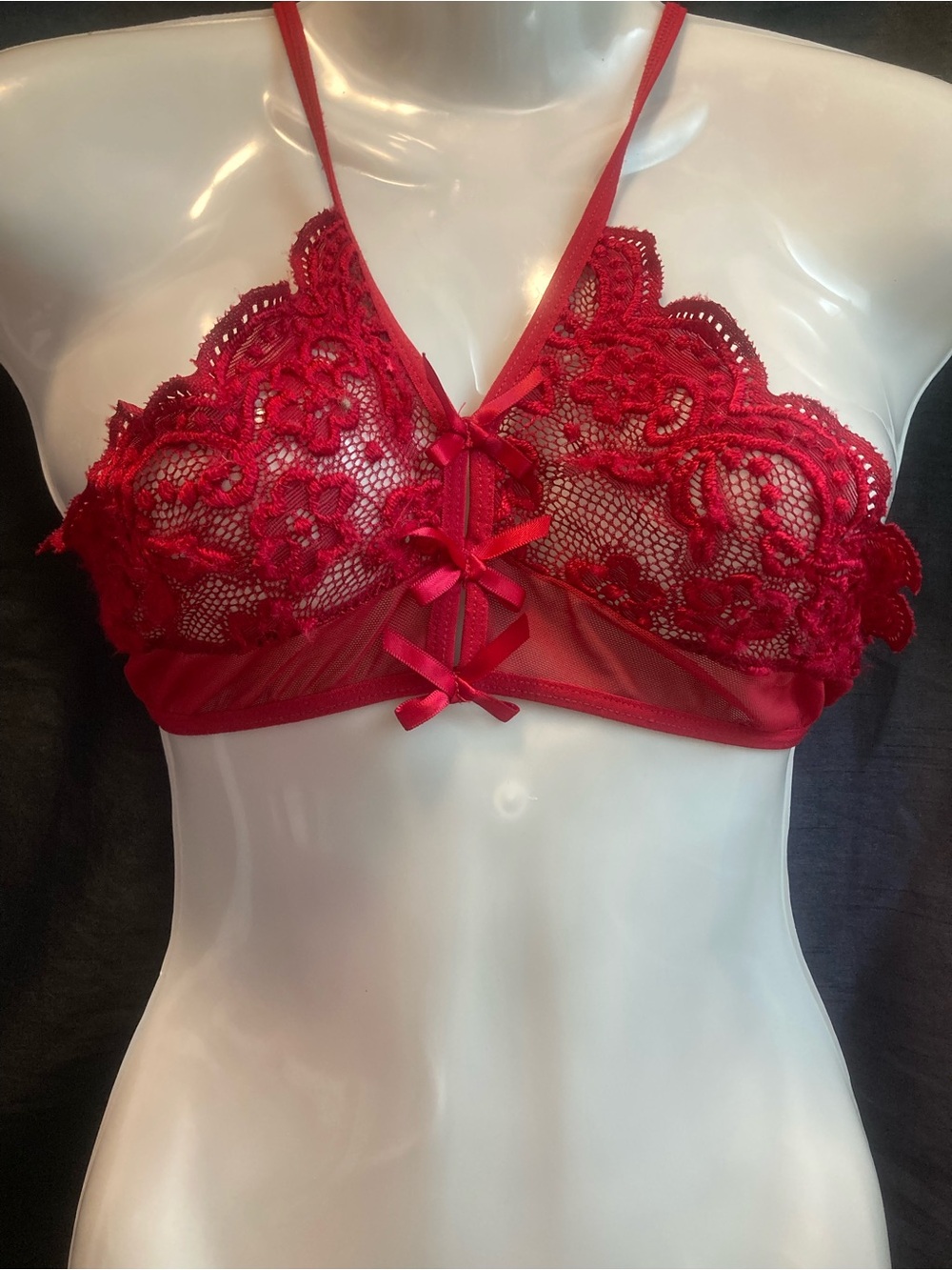 Red Lace Bralette | Sheer Mesh Bow Front Lingerie | Size L